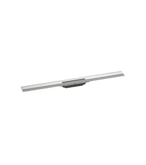 Edelstahl-Duschrinne von Hansgrohe, geeignet für die Wandmontage, mit flexibler Kürzungsoption. Produkt zeigt eine lange, schmale Form mit einer glatten Oberfläche.